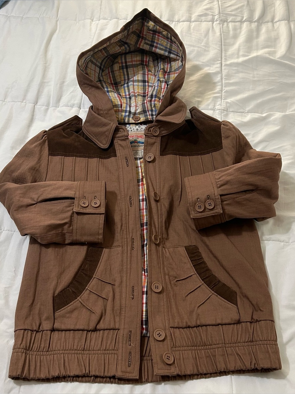 Flying Tomato Boho Utility Jacket Brown Corduroy Trim Plaid Lined Hood Medium